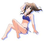  1girl arm_up asaeda_itsuki barefoot bikini blue_bikini_top blush bracelet brown_hair collarbone eyebrows_visible_through_hair floating_hair green_eyes groin hair_between_eyes high_ponytail idolmaster idolmaster_cinderella_girls jewelry long_hair looking_at_viewer navel open_mouth shadow shibuya_rin shiny shiny_hair side-tie_bikini sidelocks simple_background solo striped_bikini_bottom swimsuit white_background 