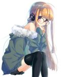  1girl ahoge arm_support bangs black-framed_eyewear black_legwear blonde_hair blush fur_collar fur_trim glasses hands_clasped headphones jacket leaning_forward long_hair long_sleeves looking_at_viewer momijiko multicolored_hair off_shoulder open_clothes open_jacket own_hands_together persona persona_5 sakura_futaba short_shorts shorts silver_hair simple_background sitting sleeves_past_wrists solo squatting thigh-highs violet_eyes white_background 