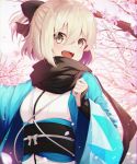  1girl :d ahoge black_bow black_scarf blonde_hair bow bracer cherry_blossoms commentary_request fate/grand_order fate_(series) hair_between_eyes hair_bow haori japanese_clothes koha-ace long_sleeves okita_souji_(fate) okita_souji_(fate)_(all) open_mouth scarf smile solo soya_(torga) tree upper_body wide_sleeves yellow_eyes 