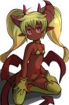  1girl :&gt; ahoge asymmetrical_horns bangs bare_arms bare_shoulders big_hair bikini blonde_hair blush breasts brown_footwear brown_horns brown_tail brown_wings cleavage closed_mouth collarbone commentary_request dark_skin demon_girl demon_horns demon_tail demon_wings eyebrows_visible_through_hair garoudo_(kadouhan&#039;i) gloves groin head_tilt horns kneeling long_hair looking_at_viewer multiple_horns navel original petite pink_eyes pink_horns pointy_ears shiny shiny_hair simple_background small_breasts smile solo string_bikini succubus swimsuit tail thigh-highs twintails very_long_hair wavy_hair white_background wings yellow_bikini yellow_gloves yellow_legwear 