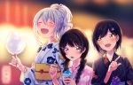  3girls :d ^_^ animal_print bangs black_hair black_kimono blurry blurry_background blush braid brown_eyes bunny_print closed_eyes closed_eyes commentary_request cotton_candy depth_of_field eyebrows_visible_through_hair floral_print food fuji_fujino hair_between_eyes hair_ornament hairclip high_ponytail higuchi_kaede holding holding_food japanese_clothes kimono long_hair long_sleeves looking_at_viewer low_twintails multiple_girls night nijisanji obi open_mouth outdoors pink_kimono ponytail print_kimono sash shaved_ice shizuka_rin silver_hair smile summer_festival tsukino_mito twin_braids twintails violet_eyes virtual_youtuber water_yoyo white_kimono wide_sleeves 