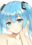  1girl blue_eyes blue_hair breasts collarbone commentary expressionless eyebrows_visible_through_hair face flan_(seeyouflan) hair_between_eyes hatsune_miku head_tilt highres long_hair looking_at_viewer nude simple_background solo vocaloid white_background 