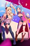  2girls animal_ears blush breasts bunny_girl bunny_tail bunnysuit fake_animal_ears female_my_unit_(fire_emblem:_kakusei) female_my_unit_(fire_emblem_if) fire_emblem fire_emblem:_kakusei fire_emblem_heroes fire_emblem_if gloves hair_between_eyes hair_ornament hairband highres long_hair looking_at_viewer mamkute medium_breasts multiple_girls my_unit_(fire_emblem:_kakusei) my_unit_(fire_emblem_if) open_mouth panties pointy_ears rabbit_ears red_eyes silver_hair smile tail twintails underwear white_hair yokura_(yukilina) 