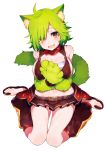  1girl :d ahoge animal_ears bangs belt belt_collar blush breasts brown_eyes brown_skirt cat_ears cat_tail cleavage commentary_request detached_pants green_hair hair_over_one_eye hands_up highres large_breasts looking_at_viewer mika_pikazo miniskirt monster_girl navel onii-chan......koko_de_nara_sukitte_itte_mo_iin_da_yo_ne? open_mouth paws pleated_skirt sandals simple_background sitting skirt smile solo tail wariza white_background 