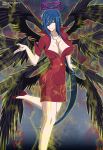  1girl bird_wings black_wings blue_hair breasts cleavage feathered_wings hair_between_eyes halo high_school_dxd highres jewelry kalawarner large_breasts long_hair multiple_wings necklace smile solo thigh-highs very_long_hair wings yellow_eyes yxyyxy 