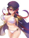  1girl azur_lane bangs bikini black_hat black_jacket blush breasts cleavage collarbone commentary_request epaulettes hair_between_eyes hat highres jacket jacket_on_shoulders large_breasts long_hair military_hat monarch_(azur_lane) navel parted_lips peaked_cap redhead sagaradai simple_background solo standing swimsuit violet_eyes white_background white_bikini 