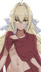  1girl ahoge blonde_hair blush bow braid breasts cape commentary_request earrings eyebrows_visible_through_hair fate/grand_order fate_(series) flower glint green_eyes hair_between_eyes hair_bow hair_intakes highres jewelry long_hair looking_at_viewer medium_breasts naked_cape navel nero_claudius_(fate) nero_claudius_(fate)_(all) red_cape rose sketch smile solo tonee very_long_hair white_bow white_flower white_rose 