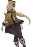  1girl ashiomi_masato blonde_hair blue_eyes closed_eyes fingerless_gloves fur_hat gloves guilty_gear guilty_gear_xrd hat jacket long_hair millia_rage panties panties_under_pantyhose pantyhose simple_background solo underwear ushanka white_background yellow_jacket 