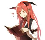  1girl bangs book closed_mouth eho_(icbm) eyebrows_visible_through_hair head_wings holding holding_book koakuma long_hair long_sleeves necktie pointy_ears reading red_eyes red_neckwear redhead sidelocks simple_background solo sweat touhou upper_body white_background 