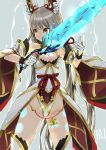  1girl animal_ears bangs blush breasts cat_ears eyebrows gloves highres japanese_clothes leotard long_hair niyah ribbon silver_hair simple_background small_breasts solo sou_(pale_1080) spoilers sword twintails weapon white_gloves xenoblade_(series) xenoblade_2 yellow_eyes 