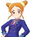 1girl :t aikatsu! aikatsu!_(series) arisugawa_otome blouse blue_jacket blush closed_mouth double_bun frown hands_on_hips highres jacket looking_at_viewer orange_eyes pout sekina short_hair simple_background solo standing upper_body v-shaped_eyebrows white_background white_blouse