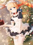  1other androgynous apron bangs black_dress blonde_hair blue_bow blue_eyes blurry blurry_background blush bow burning cake candle chevalier_d&#039;eon_(fate/grand_order) chihuri chocolate_cake christmas_ornaments christmas_tree closed_mouth collarbone commentary_request depth_of_field dress dutch_angle eyebrows_visible_through_hair fate/grand_order fate_(series) fingernails fire food frilled_apron frills hair_bow highres holding holding_plate long_hair looking_at_viewer low_ponytail maid maid_apron maid_headdress plate pleated_dress ponytail puffy_short_sleeves puffy_sleeves red_collar red_ribbon ribbon short_sleeves sidelocks solo thigh-highs very_long_hair white_apron white_legwear 
