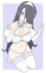  bad_id bad_twitter_id bikini black_hair blue_neckwear blue_ribbon breasts closed_mouth detached_collar donguri_suzume double_w elbow_gloves full_body gloves hair_over_one_eye hands_up head_tilt highres kneeling large_breasts legs_together long_hair looking_at_viewer navel neck_ribbon one_eye_covered original puffy_short_sleeves puffy_sleeves purple_background purple_bikini ribbon short_sleeves side-tie_bikini simple_background smile swimsuit thigh-highs triangular_headpiece very_long_hair violet_eyes w white_gloves white_legwear 