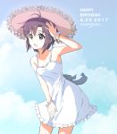  1girl antenna_hair blue_sky bracelet breasts brown_hair character_name clouds cowboy_shot dress frilled_dress frills hand_on_head happy_birthday hat idolmaster idolmaster_(classic) jewelry kikuchi_makoto leaning_forward ns.x open_mouth scrunchie short_dress short_hair sky sleeveless sleeveless_dress small_breasts solo standing straw_hat sun_hat sundress white_dress white_scrunchie wrist_scrunchie 