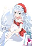  bag blue_eyes breasts collarbone dress fathom gift hat hibiki_(kancolle) highres kantai_collection long_hair looking_at_viewer on_floor santa_dress santa_hat simple_background small_breasts star_(symbol) strapless strapless_dress thigh-highs white_hair white_thighhighs 