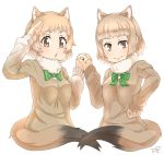  2girls animal_ears bangs black-tailed_prairie_dog_(kemono_friends) blunt_bangs bow bowtie brown_eyes brown_sweater closed_mouth commentary_request extra_ears fur_collar green_bow hand_holding hand_on_hip hand_to_forehead hand_up hands_up highres interlocked_fingers kemono_friends light_brown_hair long_sleeves looking_at_viewer mole mole_under_eye multiple_girls open_mouth prairie_dog_ears prairie_dog_tail short_hair shoulder-to-shoulder sidelocks simple_background sweater tail tenya upper_body white_background 