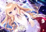  1girl 5saiji azur_lane bangs bare_shoulders blonde_hair blue_eyes blush bouquet breasts bridal_veil closed_mouth collared_dress commentary_request cross detached_sleeves dress dutch_angle eyebrows_visible_through_hair flower glint highres holding holding_bouquet indoors jewelry long_hair long_sleeves petals queen_elizabeth_(azur_lane) ring rose see-through sleeveless sleeveless_dress sleeves_past_wrists small_breasts smile solo standing tears tiara veil very_long_hair wedding_band wedding_dress white_dress white_flower white_rose 