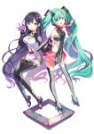  2girls :o aqua_eyes aqua_hair bare_shoulders black_gloves black_hair black_legwear breasts character_request elbow_gloves full_body gloves h2so4 hair_ornament hatsune_miku headset index_finger_raised invisble_chair long_hair medium_breasts multiple_girls open_mouth pink_skirt purple_gloves sitting skirt small_breasts smile standing thigh-highs twintails very_long_hair violet_eyes vocaloid zettai_ryouiki 