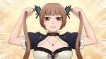 1girl breasts brown_eyes butterfly_hair_ornament cleavage closed_mouth commentary_request copyright_request emphasis_lines eyebrows_visible_through_hair hair_ornament hands_up jewelry large_breasts long_hair looking_at_viewer necklace puffy_short_sleeves puffy_sleeves short_sleeves solo twintails upper_body yajirushi_(chanoma) yellow_background 