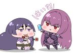  2girls :3 bodysuit chibi commentary_request covered_navel fate/grand_order fate_(series) food hair_intakes highres holding jitome long_hair looking_at_viewer minamoto_no_raikou_(fate/grand_order) multiple_girls navel parted_lips pelvic_curtain popsicle puffy_sleeves purple_hair red_eyes redhead rei_(rei_rr) sash scathach_(fate)_(all) scathach_(fate/grand_order) simple_background sitting smile thigh-highs translated violet_eyes white_background 