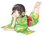  1girl :d barefoot black_hair blush breasts floral_print food_themed_hair_ornament green_eyes green_kimono hair_ornament hand_on_own_cheek headset highres japanese_clothes kimono kyomachi_seika looking_at_viewer lying medium_hair official_art on_stomach open_mouth shigure_ui simple_background small_breasts smile solo strawberry_hair_ornament the_pose voiceroid white_background wide_sleeves 