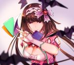  1girl bangs bat bow breasts brown_hair cleavage cloak commentary commentary_request crystal eyebrows_visible_through_hair fate/grand_order fate_(series) gradient_hair hair_ornament hairband highres holding jewelry long_hair moriyama_daisuke mouth_hold multicolored_hair no_eyewear origami osakabe-hime_(fate/grand_order) paper pink_bow ribbon simple_background solo twintails very_long_hair violet_eyes 