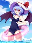  1girl artist_name bat_wings blue_hair blue_sky blue_swimsuit blush breasts clouds collarbone covered_navel day eyebrows_visible_through_hair fang hat highres looking_at_viewer one-piece_swimsuit open_mouth outdoors partially_submerged red_eyes remilia_scarlet short_hair sky small_breasts smile snozaki solo standing swimsuit touhou water white_hat wings 