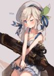  1girl beret blonde_hair blue_eyes blush breasts cleavage cucouroux_(granblue_fantasy) dress eip_(pepai) granblue_fantasy gun hair_ribbon hat looking_at_viewer medium_breasts one_eye_closed overskirt ribbon rifle sitting smile solo twintails weapon 