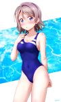  1girl :o absurdres arm_behind_back arm_up blue_eyes blush breasts ckst cleavage competition_swimsuit covered_navel eyebrows_visible_through_hair highres love_live! love_live!_sunshine!! one-piece_swimsuit short_hair simple_background standing swimsuit watanabe_you water 