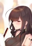  1girl ahoge bangs blush breasts brown_hair dsr-50_(girls_frontline) eyebrows_visible_through_hair girls_frontline heart heart-shaped_pupils highres kana_(ky4696) large_breasts long_hair looking_away parted_lips red_eyes see-through solo symbol-shaped_pupils upper_body 