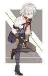  1girl ammunition_pouch boots commentary girls_frontline gloves juliet_sleeves long_sleeves looking_at_viewer necktie ningen_(ningen96) pouch puffy_sleeves short_hair short_sleeves silver_hair skirt thigh-highs thighhighs_under_boots vector_(girls_frontline) yellow_eyes 
