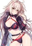  1girl ahoge bikini black_bikini black_jacket breasts choker cleavage closed_mouth commentary_request cowboy_shot eyebrows_visible_through_hair fate/grand_order fate_(series) hair_between_eyes jacket jeanne_d&#039;arc_(alter_swimsuit_berserker) jeanne_d&#039;arc_(fate)_(all) large_breasts long_hair looking_at_viewer o-ring solo swimsuit thigh_strap user_fvsd2278 white_background yellow_eyes 