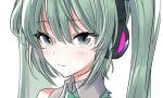  1girl bare_shoulders closed_mouth collared_shirt commentary_request green_eyes green_hair green_neckwear grey_shirt hatsune_miku headphones maruchi necktie portrait shirt smile solo twintails vocaloid wing_collar 