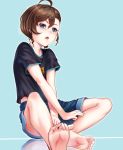  1girl ahoge aona_(kuuga19yuu) barefoot black_shirt blue_background blue_eyes brown_hair denim denim_shorts feet female gegege_no_kitarou inuyama_mana open_mouth reflection shirt short_sleeves shorts sitting soles solo t-shirt toes 