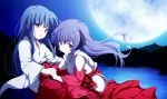  2girls blue_hair eyebrows_visible_through_hair floating_hair full_moon furude_rika hakama hanyuu higurashi_no_naku_koro_ni hinamizawa_(hina-sawa) japanese_clothes kimono lake long_hair looking_at_viewer miko moon multiple_girls night outdoors parted_lips purple_hair red_hakama shiny shiny_hair very_long_hair violet_eyes white_kimono 