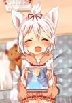  1girl :d ^_^ animal_ears azur_lane bed bloomers blurry blurry_background blush book calendar_(object) chiitamu cinderella closed_eyes commentary_request depth_of_field fang fingernails holding holding_book indoors long_sleeves on_bed open_mouth pillow puffy_long_sleeves puffy_sleeves shirt short_hair shouhou_(azur_lane) sitting sitting_on_bed smile solo stuffed_animal stuffed_toy teddy_bear topknot translated underwear white_hair white_shirt 