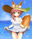  1girl animal_ear_fluff animal_ears bikini bikini_under_clothes blue_bikini breasts cleavage closed_mouth collarbone day ears_through_headwear fate/grand_order fate_(series) fox_ears fox_tail geukhan_taeyang hat large_breasts lifted_by_self looking_at_viewer ocean outdoors pink_hair side-tie_bikini solo straw_hat swimsuit tail tamamo_(fate)_(all) tamamo_no_mae_(swimsuit_lancer)_(fate) yellow_eyes 