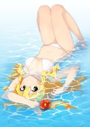  1girl bikini blonde_hair blurry blurry_background breasts closed_eyes flower green_eyes gulim highres hoshii_miki idolmaster idolmaster_(classic) long_hair looking_at_viewer lying medium_breasts navel on_back partially_submerged side-tie_bikini smile solo swimsuit water white_bikini 