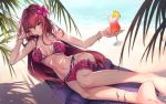  1girl bangle bangs bare_legs bare_shoulders barefoot beach bendy_straw bikini blurry blurry_background bracelet breasts closed_mouth collarbone commentary_request cup cupping_glass day depth_of_field drink drinking_glass drinking_straw eyebrows_visible_through_hair fate/grand_order fate_(series) flower hair_between_eyes hair_flower hair_ornament hammock hand_up jewelry long_hair looking_at_viewer medium_breasts navel ocean outdoors palm_tree parfaitlate purple_bikini purple_flower red_eyes redhead sand scathach_(fate)_(all) scathach_(fate/grand_order) scathach_(swimsuit_assassin)_(fate) shade shadow soles solo swimsuit tree very_long_hair water 