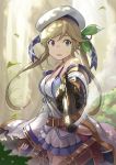  1girl aiming_at_viewer bangs bare_shoulders belt belt_buckle beret blonde_hair blurry breasts buckle cleavage commentary_request cowboy_shot cucouroux_(granblue_fantasy) day depth_of_field detached_sleeves dress dual_wielding forest granblue_fantasy grey_eyes gun hair_ribbon handgun hat hinami_(hinatamizu) holding holding_gun holding_weapon leaf long_hair looking_at_viewer medium_breasts nature open_mouth outdoors outstretched_arm revolver ribbon smoke smoking_gun solo standing sunlight sweat tree twintails weapon white_hat 
