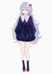  1girl bad_id bad_twitter_id bangs bow closed_mouth crossed_bangs dress full_body grey_hair hair_between_eyes hair_bow hands_in_pockets highres long_hair looking_at_viewer one_side_up original p2_(uxjzz) purple_dress purple_legwear red_bow red_footwear shoes short_dress simple_background socks solo standing very_long_hair violet_eyes wavy_hair white_background 
