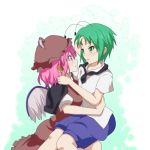  2girls :d antennae bird_wings black_cape blue_shorts cape cato_(monocatienus) commentary_request eye_contact green_eyes green_hair hand_in_another&#039;s_hair hat hug looking_at_another multiple_girls mystia_lorelei open_mouth pink_hair puffy_short_sleeves puffy_sleeves shirt short_hair short_sleeves shorts simple_background sitting sitting_on_lap sitting_on_person smile touhou white_shirt wings wriggle_nightbug yuri 