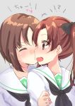  !? 2girls bangs black_bow blush bow brown_eyes brown_hair closed_eyes facing_another girls_und_panzer hair_bow highres kadotani_anzu kiss long_hair long_sleeves looking_at_another multiple_girls nishizumi_miho ooarai_school_uniform open_mouth sailor_collar short_hair suzu_(minagi) twintails upper_body yuri 