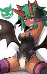  1girl arm_at_side arm_up armpits bangs bare_shoulders black_gloves black_legwear black_leotard black_wings blush breasts cleavage commentary_request covered_navel dark_skin demon_girl demon_horns demon_wings elbow_gloves eyebrows_visible_through_hair garoudo_(kadouhan&#039;i) gloves gluteal_fold green_hair grin groin hair_between_eyes horns leotard looking_at_viewer low_wings medium_breasts multiple_horns open_mouth original petite pink_eyes pointy_ears red_horns sharp_teeth short_eyebrows short_hair simple_background sitting smile solo spread_legs strapless strapless_leotard succubus teeth thigh-highs tsurime v-shaped_eyebrows white_background wings 