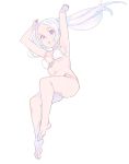  1girl armpits bare_arms bare_legs bare_shoulders barefoot bikini commentary_request falling floating_hair full_body highres long_hair looking_at_viewer nagisa_kurousagi navel original parted_lips simple_background solo swimsuit twintails violet_eyes white_background white_bikini 