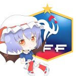  1girl bangs bat_wings bow chibi closed_mouth cup emblem eyebrows_visible_through_hair france full_body hat hat_ribbon highres holding jersey lavender_hair mini_wings mob_cap nike red_bow red_eyes red_legwear red_ribbon remilia_scarlet ribbon roll_daikufu shoes short_hair skirt smile soccer soccer_uniform solo sportswear standing star teacup touhou white_footwear white_skirt wings world_cup 