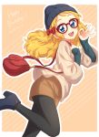  1girl :d aikatsu! aikatsu!_(series) ankle_boots bag beanie black_legwear blonde_hair blue_eyes blue_footwear boots bow brown_shorts casual dated english from_side glasses hair_bow happy_birthday hat high_heel_boots high_heels highres long_hair long_sleeves looking_at_viewer looking_to_the_side ok_sign open_mouth pantyhose pink_background red-framed_eyewear red_bow saegusa_kii sekina short_shorts shorts shoulder_bag smile solo standing standing_on_one_leg sweater 