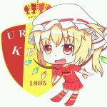  1girl ascot bangs bat_wings belgium blonde_hair blush chibi crown crystal emblem eyebrows_visible_through_hair fang flandre_scarlet full_body hat hat_ribbon jersey medium_hair mob_cap open_mouth red_eyes red_legwear red_skirt ribbon roll_daikufu side_ponytail skirt smile soccer soccer_uniform solo sportswear standing touhou wings world_cup 