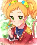  1girl :t aikatsu!_(series) aikatsu_stars! blue_neckwear blush bow bowtie braid checkerboard_cookie chocolate closed_mouth commentary_request cookie eating epaulettes food food_on_face green_eyes hair_bobbles hair_ornament highres holding holding_food jacket lens_flare lens_flare_abuse long_sleeves looking_at_viewer multicolored_hair_bobbles nikaidou_yuzu orange_hair red_jacket s4_uniform sekina short_hair side_braid single_braid smile solo twintails wavy_mouth 