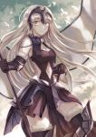  1girl ahoge animal armor armored_dress bangs banner bird black_armor black_dress black_gloves black_legwear breasts chains cleavage dress elbow_gloves eyebrows_visible_through_hair fate/grand_order fate_(series) floating_hair fur-trimmed_gloves fur-trimmed_legwear fur_trim gloves grin headpiece holding jeanne_d&#039;arc_(alter)_(fate) jeanne_d&#039;arc_(fate)_(all) long_hair looking_at_viewer medium_breasts miyakure navel navel_cutout orange_eyes silver_hair smile solo straight_hair thigh-highs very_long_hair white_skin 